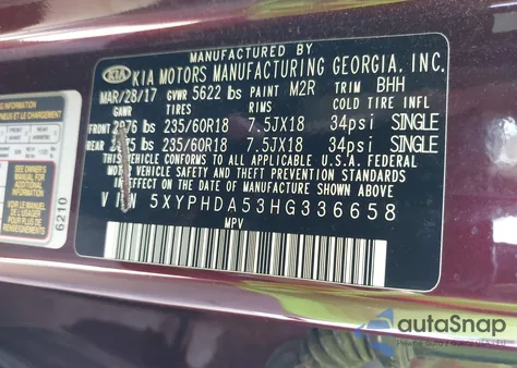 2017 Kia Sorento 3.3L Ex из США, поврежденный, VIN 5XYPHDA53HG336658